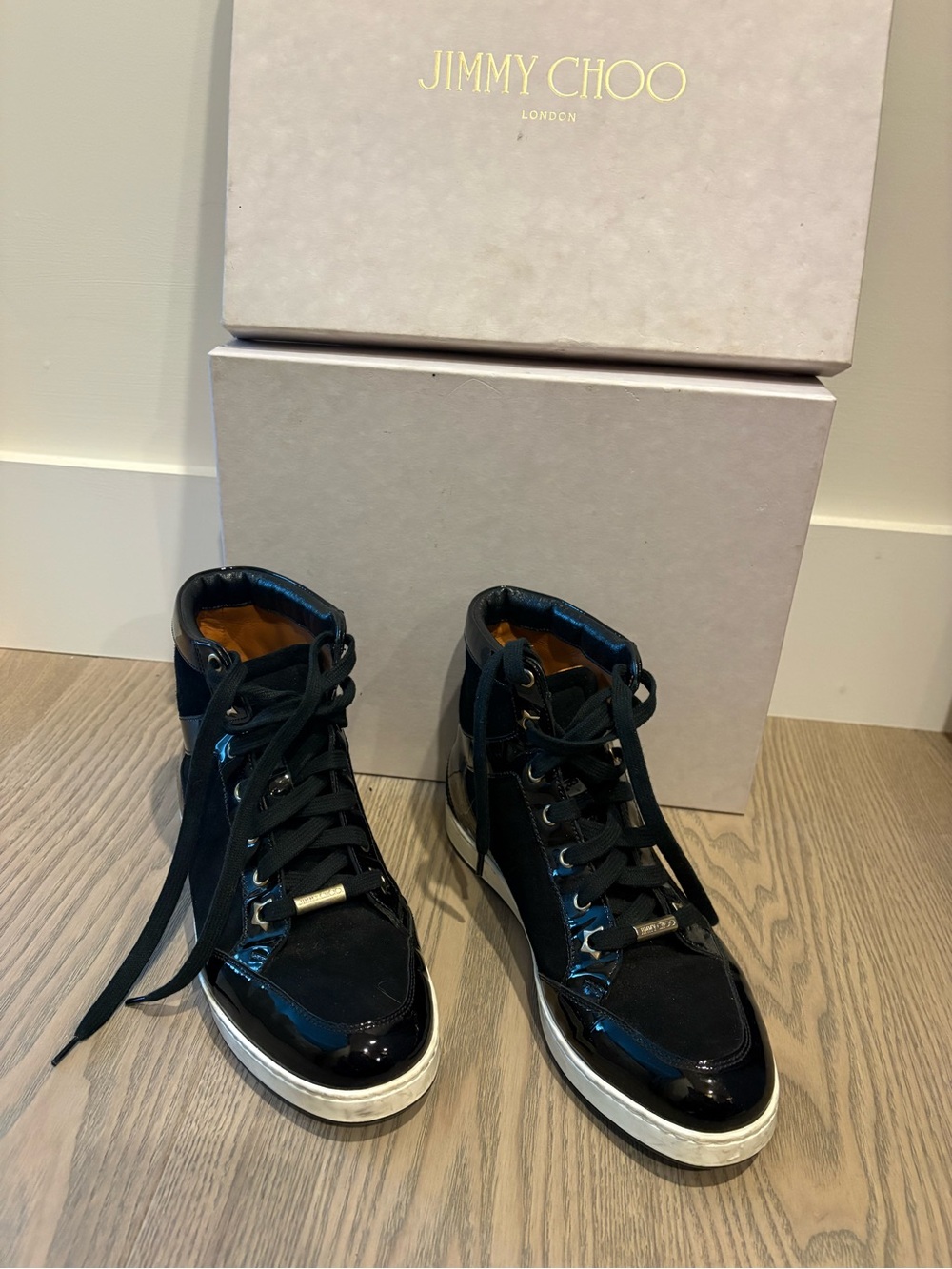 Jimmy Choo Black Patent and Suede High-Top Sneakers